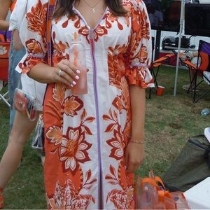 FARM Rio Orange and White Floral Midi Dress